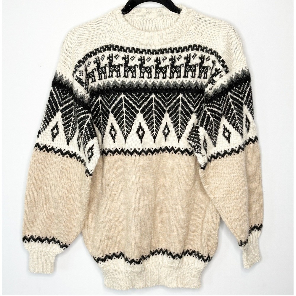 Vintage Fair Isle Alpaca Knit Sweater Cream Beige Nordic Crew Neck